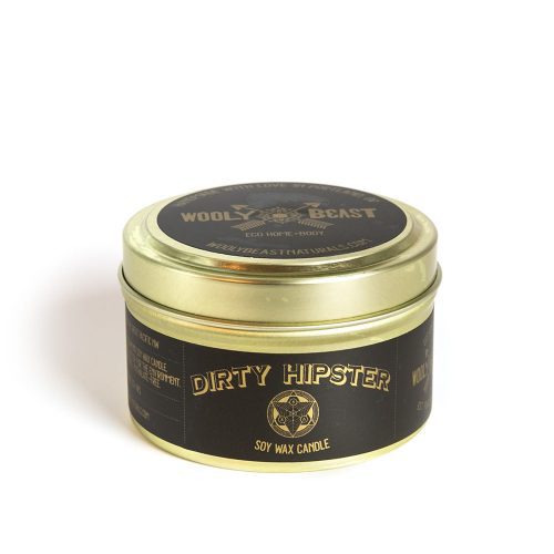 dirty hipster soy candle patchouli cedarwood tobacco bergamot candle wooly beast naturals 6oz gold travel tin 170842